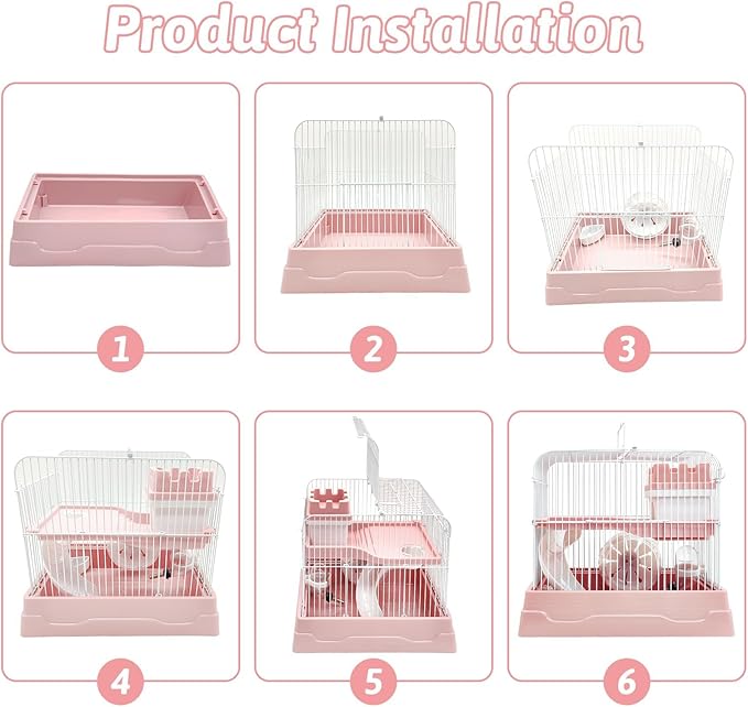 PINVNBY 2-Tier Dwarf Hamster Cage, Travel Portable Mouse Cage Gerbil Cages and Habitats Small Animal Carrier with Castle House Running Exercise Wheels, Water Bottle and Food Dish（Pink）