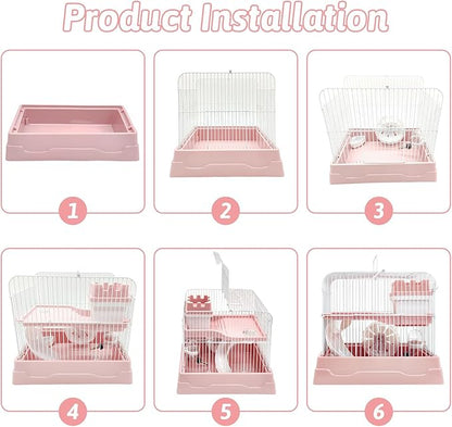 PINVNBY 2-Tier Dwarf Hamster Cage, Travel Portable Mouse Cage Gerbil Cages and Habitats Small Animal Carrier with Castle House Running Exercise Wheels, Water Bottle and Food Dish（Pink）