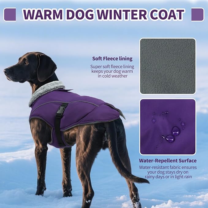 DENTRUN Large Dog Coat - Thick Fleece Lined Reflective Winter Jacket, Snap Closure & Leash Hole, Warm Thick Fleece Lined, Plush Turtleneck Vest for German Shepherd, Purple, XXL