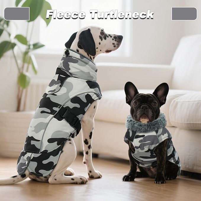 DENTRUN Small Dog Winter Warm Coat - Windproof Cozy Jacket, Thick Fleece Vest with Adjustable Belt, Water Repellent, Reflective Dog Sweater for Yorkie Dachshund Wear, White Camo, S