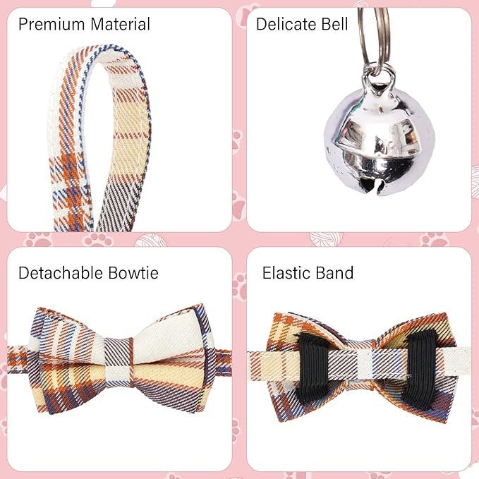 10 Pcs Cat Collar Breakaway with Bow Tie and Bell Kitten Collars Removable Bowtie Plaid Cat Collar for Cats Kittens Puppy (Classic)