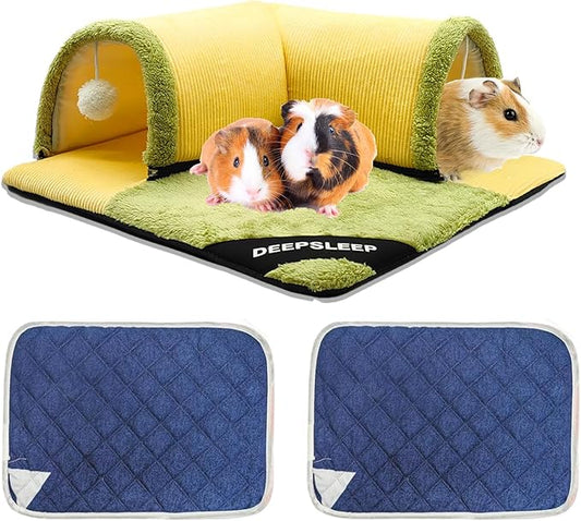 3 Pcs Guinea Pig Hideout Tunnel with Removable Base & 2 Liners - Machine Washable Soft Small Animal Bed & Play Tube for Chinchillas, Hamsters, Ferrets, Bunny - Cage Accessories with Hideaway House