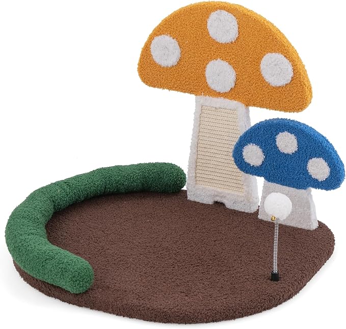 Tangkula Mushroom Cat Bed, Cat Claw Scratcher with Wide Large Platform, Sisal Scratching Panel, Spring Ball, PP Cotton Padded Headrest, Cat Tree House with Interactive Toys for Kittens