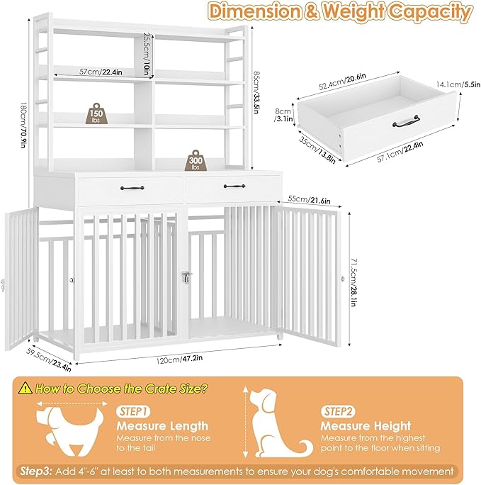 Keyluv 71''H x 47.2''W Large Dog Crate Furniture with 4-Tier Shelves and 2 Storage Drawers, Heavy Duty Dog Cage Furniture with 2 Doors, Wood & Metal Dog Kennel Indoor for Small/Medium/Large Dog, White