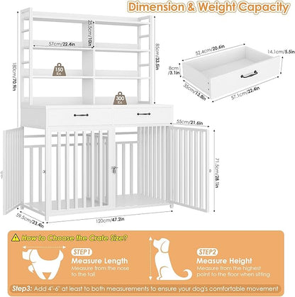 Keyluv 71''H x 47.2''W Large Dog Crate Furniture with 4-Tier Shelves and 2 Storage Drawers, Heavy Duty Dog Cage Furniture with 2 Doors, Wood & Metal Dog Kennel Indoor for Small/Medium/Large Dog, White