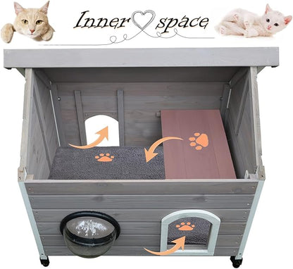 Rockever Outdoor Cat House, Feral Cat House Outdoor Weatherproof with Escape Door and Clear Windows for 2 Cats(with Self Warming Mat)