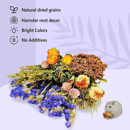 Natural Hamster Flower & Herb Habitat Deocr, Hamster Sprays Flowers Bedding Mate, Hamsters Cage Enrichment Decoration Accessories for Gerbil Dwarf Syrian Hamsters Guinea Pig Mice or Small Animals