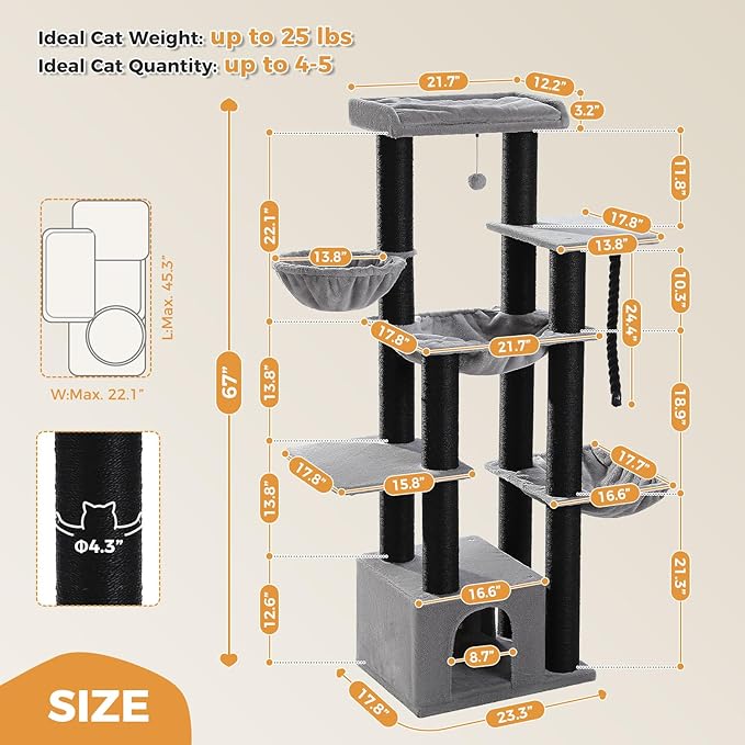 XXL Cat Tree, 67" Heavy Duty Cat Tower for Indoor Cats Large Adult with 13 Thick Scratching Posts (φ4.3), Large Perch, Spacious Condo, Hammock - for Maine Coon up to 20 lbs, Black