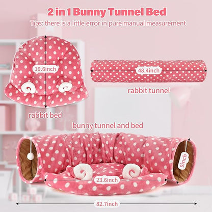 BWOGUE Bunny Tunnel Bed, 2-in-1 Collapsible Tunnel Tubes Toys with Removable Mat Hideout for Cats Kittens Rabbits Guinea Pigs Kitty