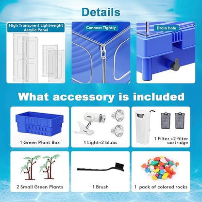 Geegoods Turtle Tank Kit, Blue Small Turtle Tank Starter Kit, Turtle Aquarium with Light, Filter, Colored Rocks, Brush and Small Plant