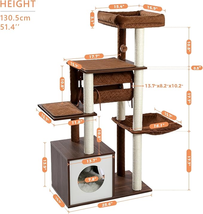 PEQULTI 51.4 Inches Modern Cat Tree Premium 6 Levels Wooden Cat Tower with Fully Sisal Covered Scratching Posts, Cozy Condo, Spacious Perch, Super Large Hammock and Swing Tunnel for Indoor Cats Brown