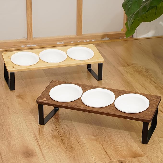 Sunhoo Elevated Cat Bowls for Indoor Cats Raised Tilted Food Water Kitty Dish Stand with 6 Ceramic Bowl Set Orthopedic Wooden Pet Feeder Feeding Sation Reduces Vomiting 4.7in Easy Assembly(Brown)