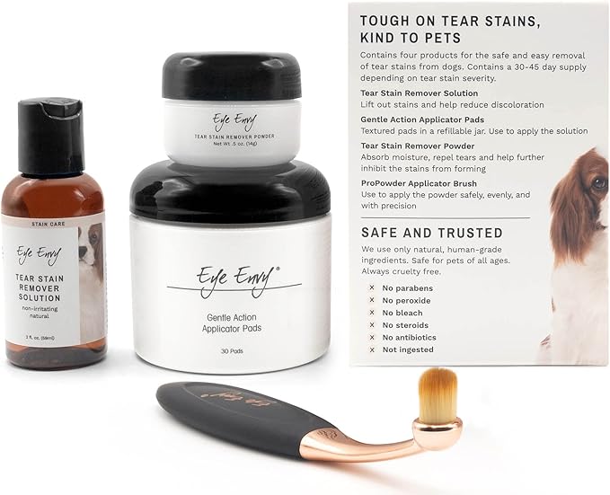 Eye Envy Dog Tear Stain Remover Starter Kit with ProPowder Brush | Stain Solution, Applicator Pads, Stain Powder and Small Applicator Brush | Lasts 30-45 Days