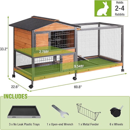 GUTINNEEN 2-Story Rabbit Hutch with Chew-Proof Full Metal Frame for Indoor/Outdoor - 62" Bunny Cage with 6 Locking Casters & 2 Pull-Out Trays for Rabbits, Guinea Pigs, Small Pets (Brown)