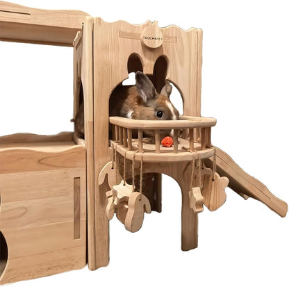 Touch&Pet Luxury Hideaway Habitat Tunnel, Large Wooden Rabbit House, Deluxe Two-Story Bunny Tower, Portable Animal Castle, Animal Furniture, Ramp for Guinea Pigs, Small Pets