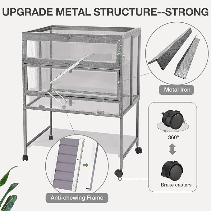 Guinea Pig Cage, Moveable Metal Frame Hamster Cage Anti-Chewing with Aluminium Alloy Edge, Hideouts, Ramps, Seesaws Chewing Toy, Deeper Pull-Out Leakproof Tray for Indoor Outdoor(Grey