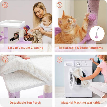 Cat Tree for Indoor Cats with Metal Frame Carpet Hammock, 32" Cute Cat Tower with Cozy Condo, Top Perch, Scratching Posts, and Replaceable Ball Toy, Pet Furniture for Small Cats & Kittens, Purple