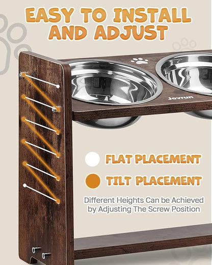 Elevated Dog Bowls, Adjustable Raised Dog Bowl Stand for Medium Size Dogs and Cats, Durable Bamboo Dogs Feeder with 2 Stainless Steel Bowls and Non-Slip Feet, Pet Food Bowl for Medium Sizes