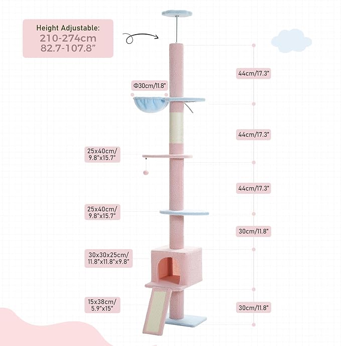 PEQULTI Cat Tree Floor to Ceiling,Tall Cat Tower, Adjustable Height (83''-108'') 5 Tiers Climbing Tree for Indoor Cats with Cat Condo, Scratching Post and Ladder,Pink