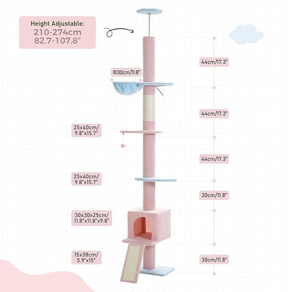 PEQULTI Cat Tree Floor to Ceiling,Tall Cat Tower, Adjustable Height (83''-108'') 5 Tiers Climbing Tree for Indoor Cats with Cat Condo, Scratching Post and Ladder,Pink