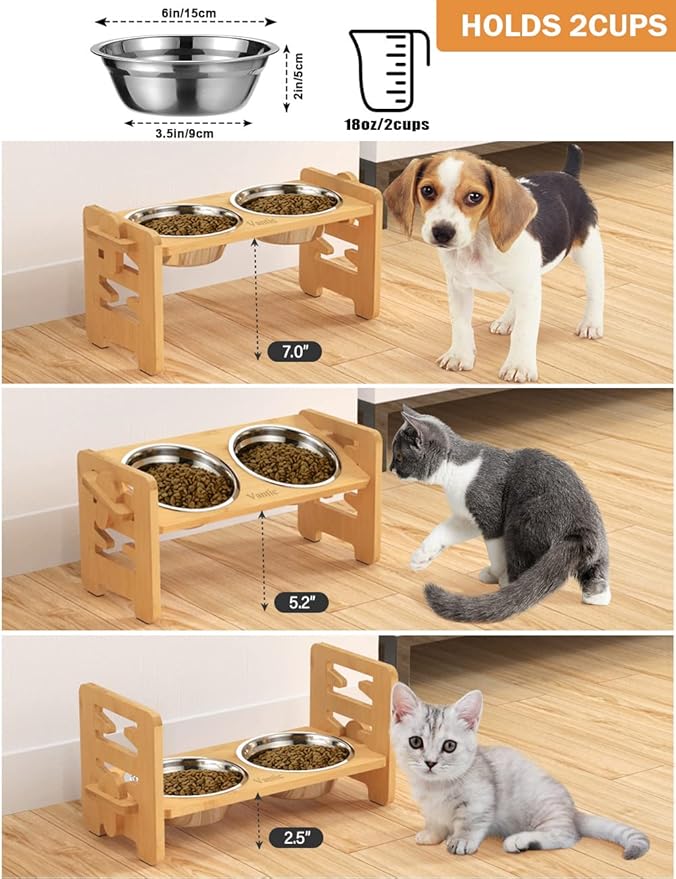 Vantic Elevated Dog Bowls, Adjustable Raised Dog Bowl Stand for Small Puppy and Cats, Sturdy Bamboo Pet Food Feeder with 2 Stainless Steel Dishes, Natural