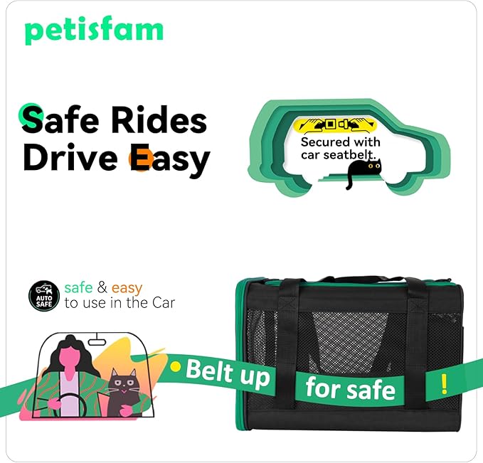 petisfam Easy Load Pet Carrier Bag for Medium and Large Cats with Durable Double-Thickness Fabric and Stable Structure. Black w/Green Trim, L