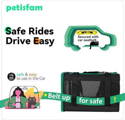 petisfam Easy Load Pet Carrier Bag for Medium and Large Cats with Durable Double-Thickness Fabric and Stable Structure. Black w/Green Trim, L