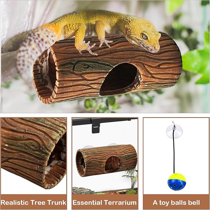kathson Resin Hide Cave for Gecko,Reptile Hollow Tree Trunk with Suction Cups,Hideway Caverns Lizard Climbing Toys Tank Accessories for Hermit Crab Snakes Frog Spider