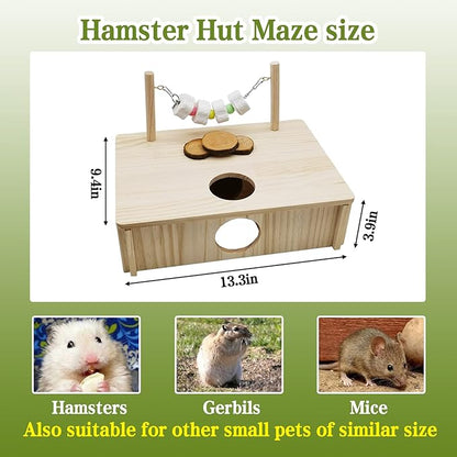 kathson Hamster Multi-Chamber Hideouts, Wooden House Maze Tunnels Exploring Toy Small Animal Activity Sport Playground Platform with Chew Molar Stone Toys for Dwarf Hamster Gerbils Mice Syrian
