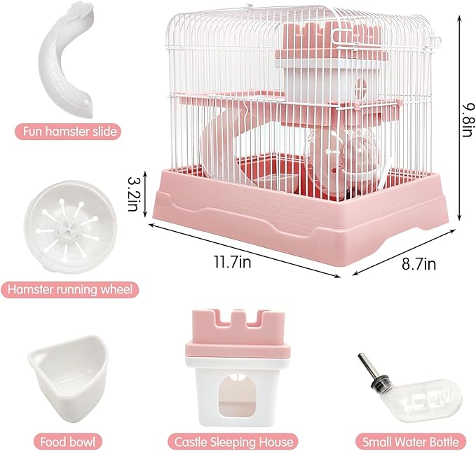 PINVNBY 2-Tier Dwarf Hamster Cage, Travel Portable Mouse Cage Gerbil Cages and Habitats Small Animal Carrier with Castle House Running Exercise Wheels, Water Bottle and Food Dish（Pink）