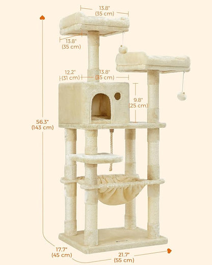 Feandrea Cat Tree, 56.3-Inch Cat Tower for Indoor Cats, Multi-Level Cat Condo with 11 Scratching Posts, 2 Perches, Cave, Hammock, Beige UPCT15BE