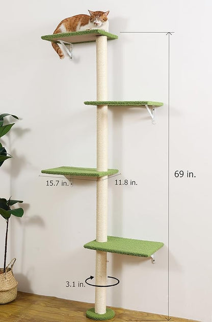 Tall Cat Scratching Posts,4 Tier Corner Cats Tree, Wall Mounted Kitten Tower,Carpeted Climbing Wall for Indoor Kitty Perching,Playing and Lookout(Green)