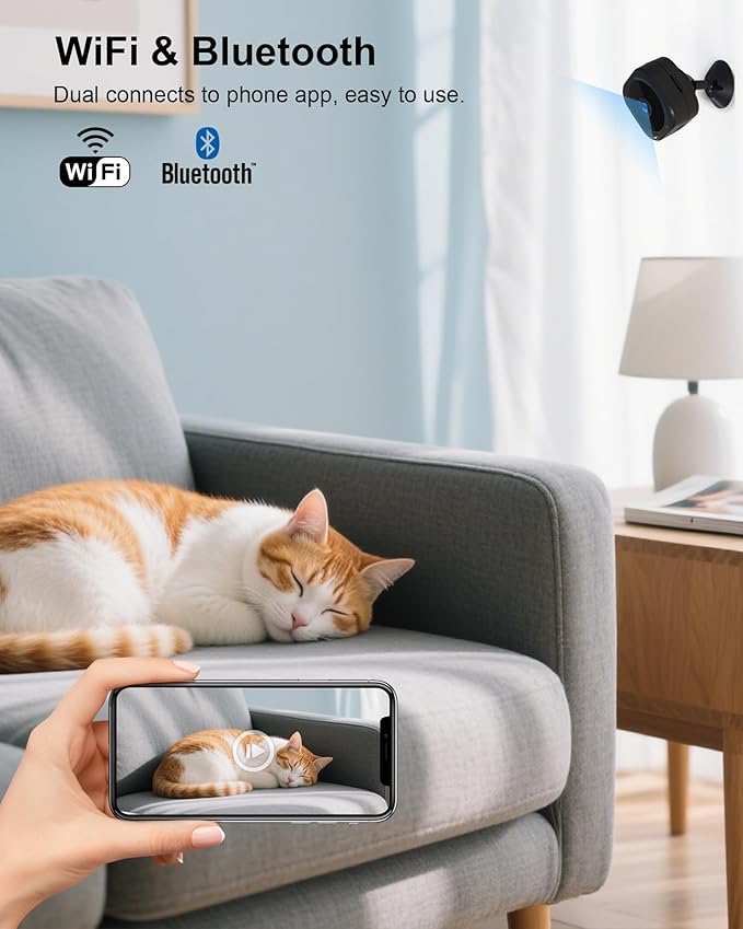 1080P HD Mini Camera for Indoor Security with App Control Motion Detection & Night Vision Wireless WiFi Rechargeable Pet Camera for Home/Office 24/7 Cycle Save (Black)