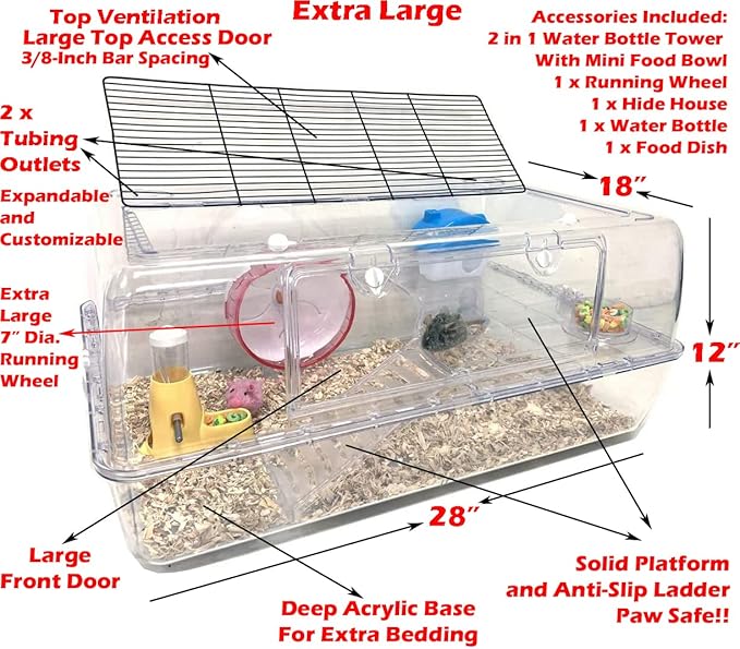 X-Large Acrylic 2-Levels Hamsters Mice Gerbils Deluxe Palace House Habitat Home with Large Running Wheel Water Bottle Tower Food Bowl Hide House Deep Base Ground Expansion Outlets