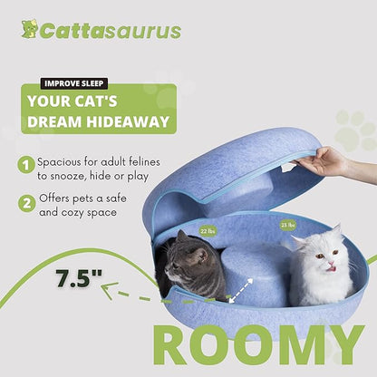 CATTASAURUS Peekaboo Cat Cave for Multiple & Large Cats Up to 30-45 Lbs, Scratch Detachable & Washable Tunnel Bed, Comfy Donut Cat Cave (Blue, Large)