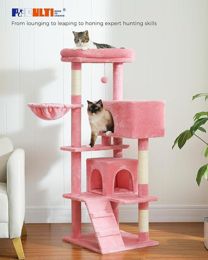 PEQULTI 56.3'' Cat Tree for Large Cats with Super Large Top Perch, Tower for Indoor Cats with Hammock and Sleeping Bag, Cat Shelves with Scratching Posts and 2 Condos Houses Pink