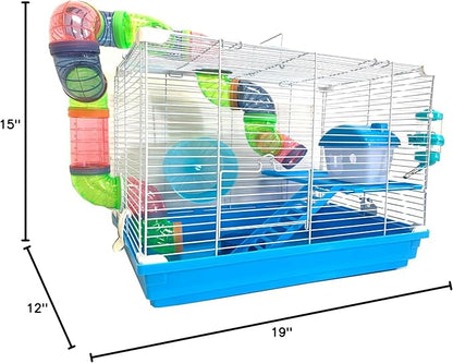 2 Levels Habitat Hamster Home Rodent Gerbil Mouse Mice Rat Wire Cage with Complete Set of Accessories (18" L x 12" W x 15" H, Blue)