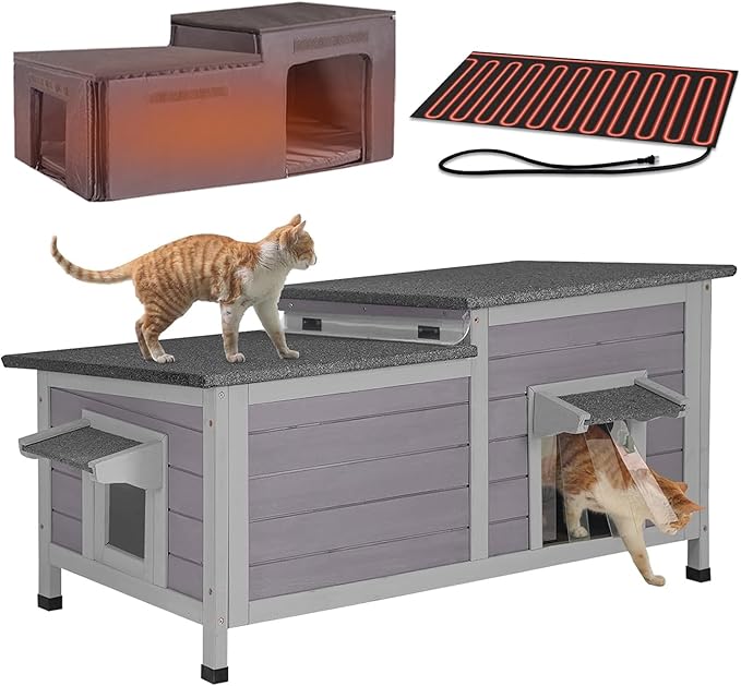 GUTINNEEN Heated Cat House with Insulated Liner Outdoor Cat House with Anti-Bite Cable Weatherproof Cat Shelter with Heater Feral Cat House for Winter