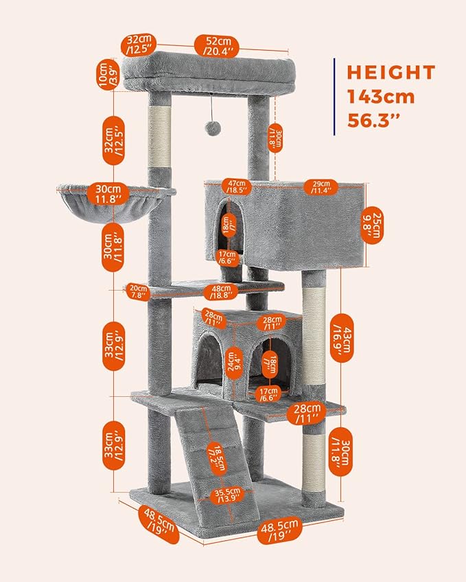 PEQULTI 56.3'' Cat Tree for Large Cats with Super Large Top Perch, Tower for Indoor Cats with Hammock and Sleeping Bag, Cat Shelves with Scratching Posts and 2 Condos Houses Grey