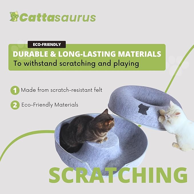 Cattasaurus Peekaboo Cat Cave, Extra Spacious for Multiple & Large Cats 12+ lbs, Scratch Detachable Cat Beds for Indoor Cats, Washable Tunnel Bed, Comfy Donut Tunnel (Ruby Snowball, Jumbo)