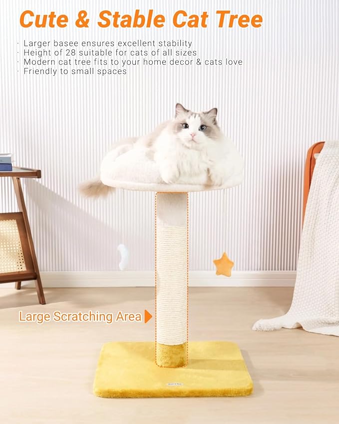 Happi N Pets 28" Large Cloud Cat Scratching Post with Bed(Ø15.3in), Cat Tree Tower for Indoor Cats, Tall Scratch Post with Natural Sisal Ropes & Soft Plush Perch, Removable Cover & Enhanced Base
