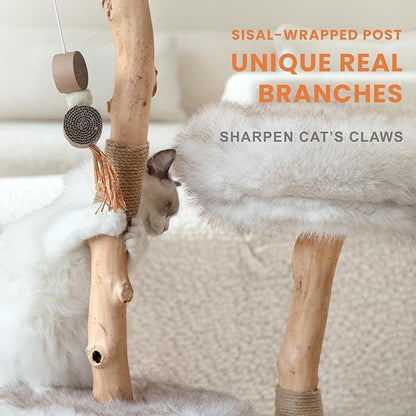 Cat Tree Tower with Two Real Branches, 44 INCH Wood Modern Cat Tower with Luxury Cat Condo, Cat Scratching Post, Jumping Platforms, Cat Furniture (Long Plush)