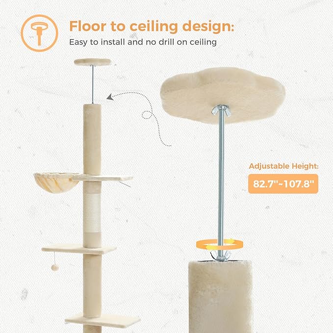 PETEPELA Floor to Ceiling Cat Tree[83"-108"], Cat Tower 5 Levels, Height Adjustable, Cat Scratching Post with Top Perches and Spacious Condo for Large Indoor Cats, Beige