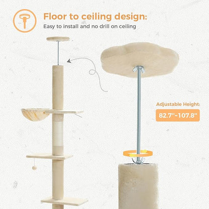 PETEPELA Floor to Ceiling Cat Tree[83"-108"], Cat Tower 5 Levels, Height Adjustable, Cat Scratching Post with Top Perches and Spacious Condo for Large Indoor Cats, Beige