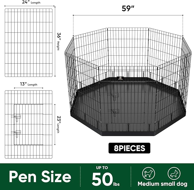 PJYuCien Dog Playpen, 8 Panels 36’’H Dog Pens Indoor with Bottom Pad, Metal Foldable Pet Puppy Exercise Fence Crate Kennel, Better for Medium Animals,Black