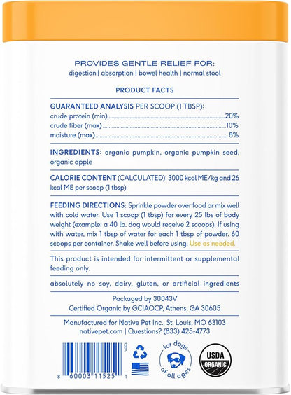 Native Pet Pumpkin for Dogs - Organic Powder Pumpkin Puree Dog Food Toppers -Rich in Fiber Supplement Powder Helps with Digestion, Nutrient Absorption, Diarrhea, Constipation & Upset Stomach-60 Scoops