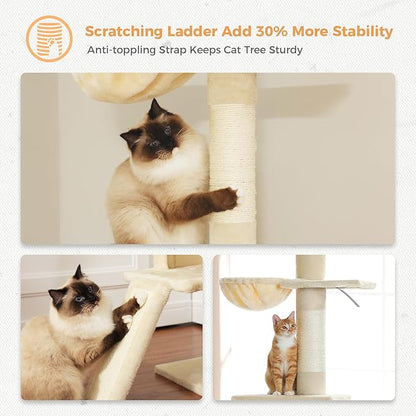 PETEPELA Floor to Ceiling Cat Tree[83"-108"], Cat Tower 5 Levels, Height Adjustable, Cat Scratching Post with Top Perches and Spacious Condo for Large Indoor Cats, Beige