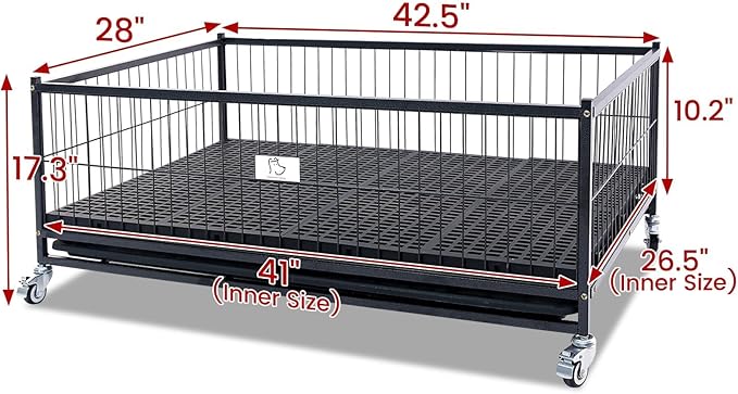 Homey Pet Six Packs 43" Dog Whelping Box for Puppies, Heavy Duty Metal Whelping Box for Small Breed Dogs with Washable Plastic Floor, Removable Tray and Four Lockable Wheels