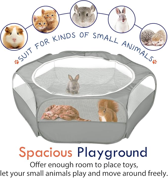 Pawaboo Small Animals Playpen, Waterproof Small Pet Cage Tent with Zippered Cover, Portable Outdoor Yard Fence with 3 Metal Rod for Chick/Kitten/Puppy/Guinea Pig/Rabbits/Hamster/Chinchillas,Light Gray
