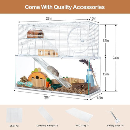OIIBO 3 Tiers Large Hamster Cages, Glass Hamster Cage Habitat with Openable Wire Topper, Gerbil Cage with Two Ladders Ramps and Removeable Waterproof PVC Tray, Easy to Clean